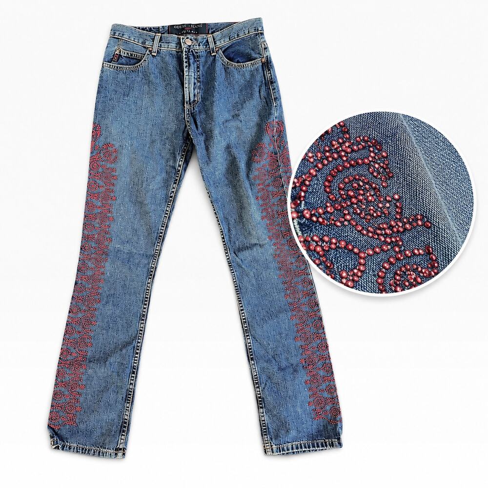 Vintage Guess Jeans Red Beaded Floral Denim Jeans – Size 28”